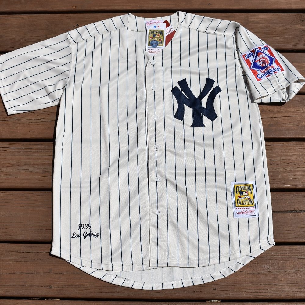 New Lou Gehrig New York Yankees Cream Pinstripe Baseball Jersey Adult Men's Size - Picture 2 of 2